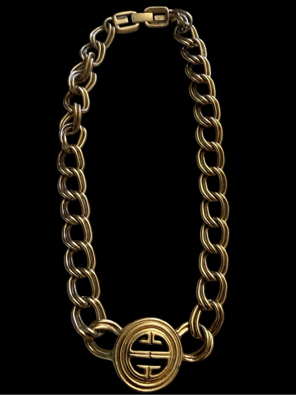 Vintage Givenchy XL Logo Gold Tone Double Link Collar Necklace 16.75